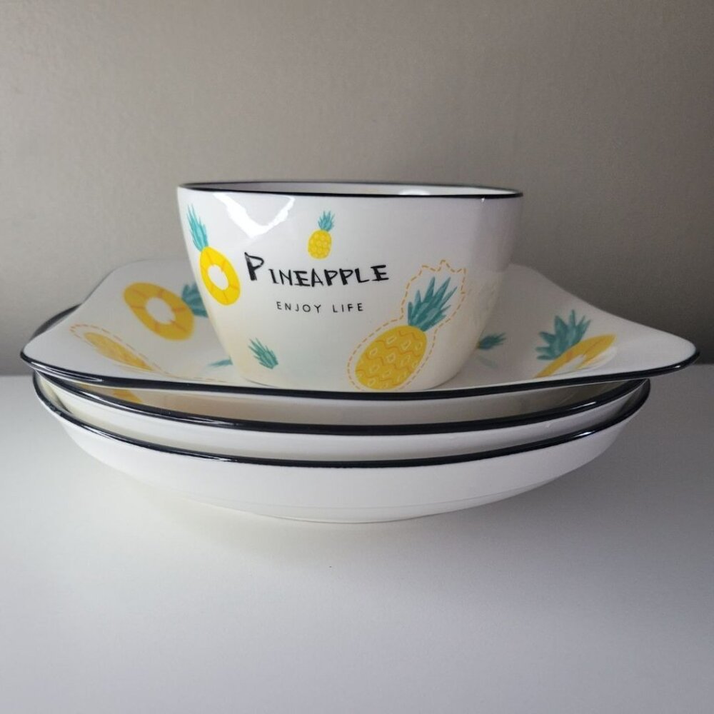 Pineapple Enjoy Life Plate Bowl Dish Set 4 Piece Raise Side Yellow Ceramic Fruit